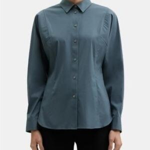 NWT Theory Cinched Blue Shirt in stretch cotton Women's P MSRP $295